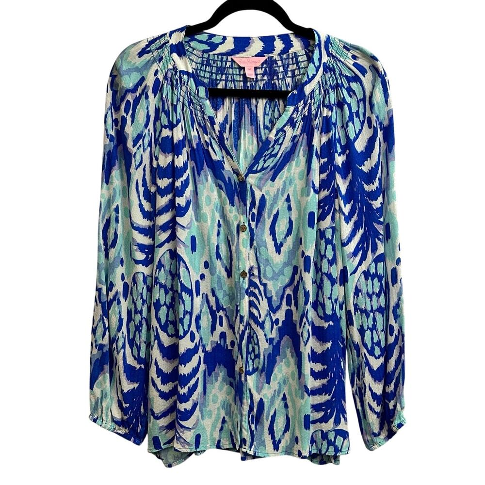 Lilly Pulitzer Elsa Long Sleeve Top "Tropi Call Me" Blue Women's Medium *READ*
